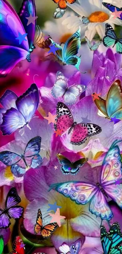 Butterflies flutter over colorful floral blooms, creating a vibrant nature scene.