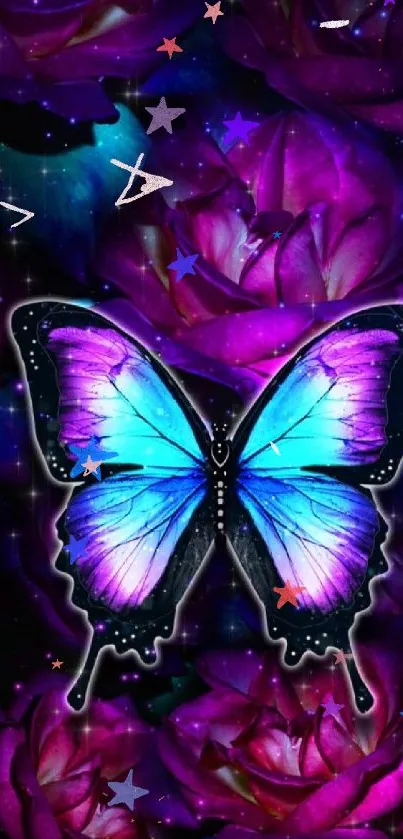 Blue and purple butterfly amidst glowing roses on a dark background.