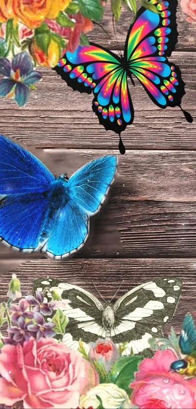 Vibrant butterfly and floral wallpaper with wood texture.