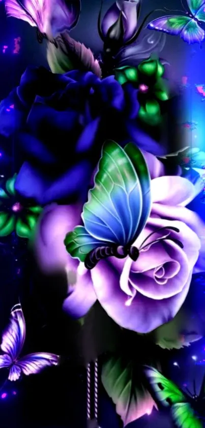 Vibrant butterfly and floral wallpaper with purple roses on a mobile screen.