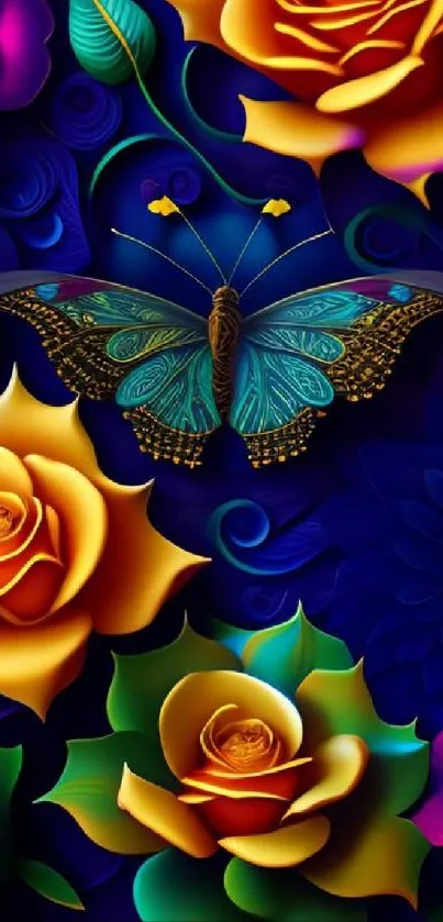 Vibrant wallpaper with butterfly and floral design on a dark blue background.