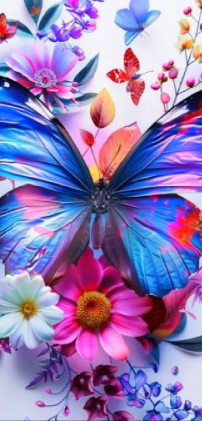 Vibrant blue butterfly with colorful floral accents wallpaper.