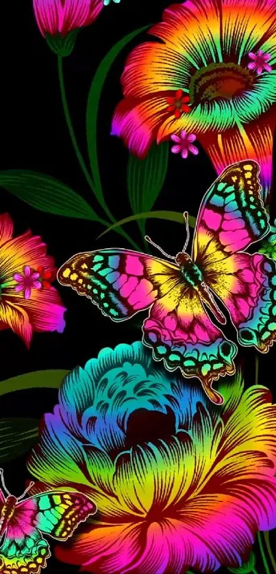Vibrant neon-colored butterflies and flowers on a black background.