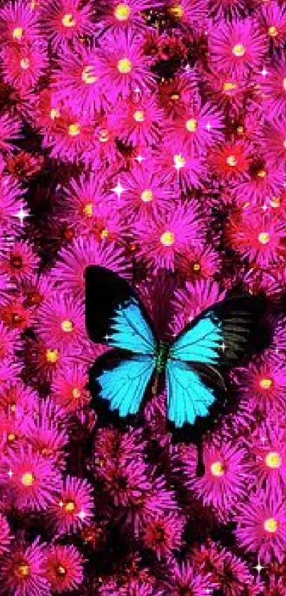 Purple flowers with a butterfly, creating a vibrant mobile wallpaper.