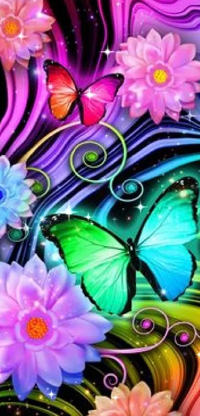 Vibrant wallpaper with butterflies and flowers on a colorful swirl background.