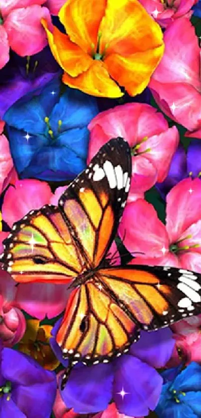 Vibrant butterfly on colorful floral background wallpaper.