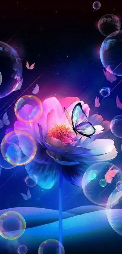 Vibrant floral wallpaper with butterfly and glowing colors.