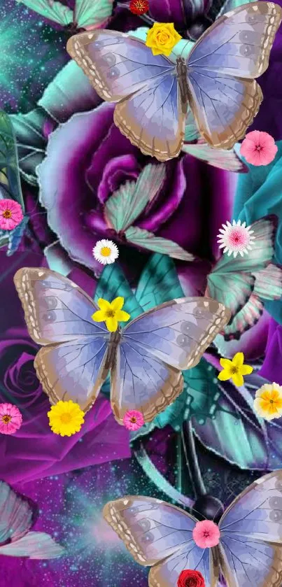 Vibrant purple wallpaper with butterflies and flowers.