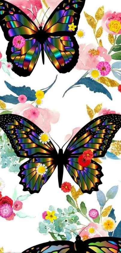 Colorful butterflies with floral background in vibrant hues.