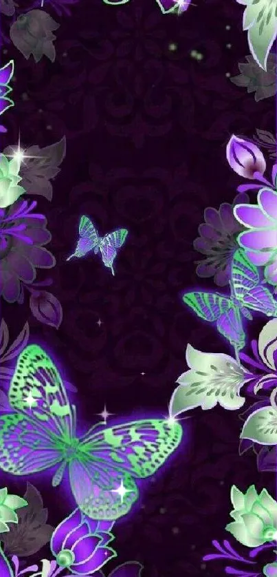 Purple and green butterfly floral wallpaper with vibrant design.