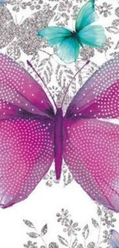 Vibrant pink and blue butterfly floral wallpaper.