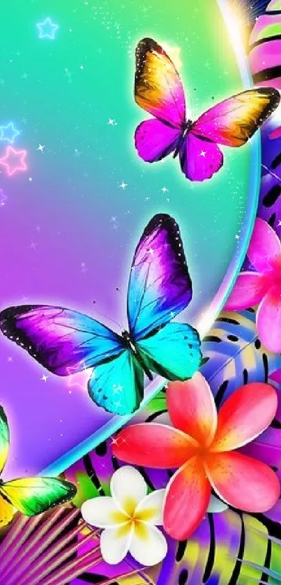 Colorful butterfly and floral wallpaper with stars and vivid hues.