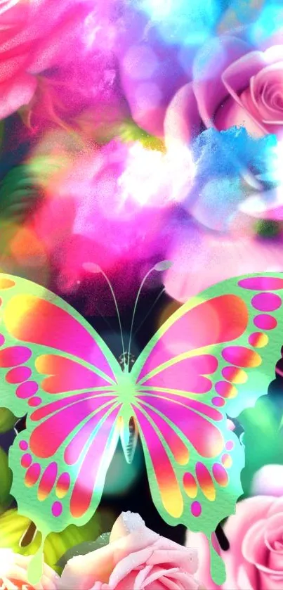 Colorful butterfly and flowers wallpaper.