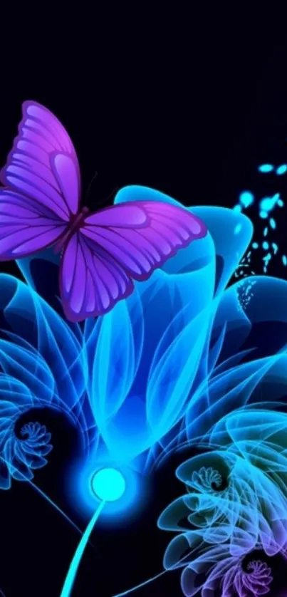 Vibrant butterfly and glowing floral elements on dark background mobile wallpaper.