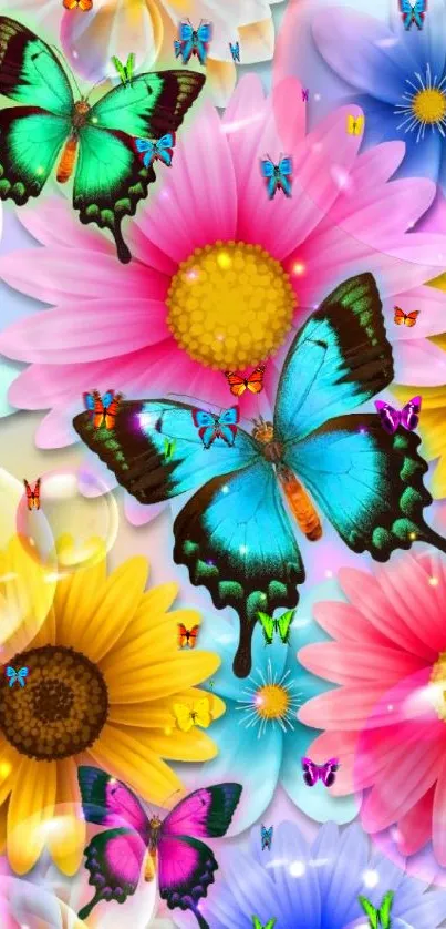 Colorful butterflies and flowers mobile wallpaper.