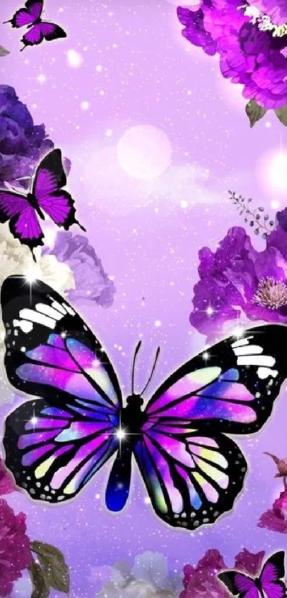 Vibrant butterfly floral wallpaper with purple hues.