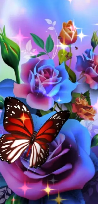 Colorful roses and butterfly on a vibrant background.