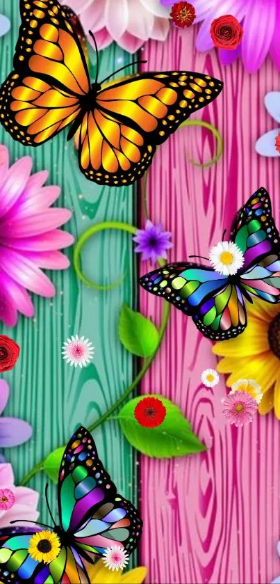 Colorful butterflies and flowers on vibrant pink and green background.