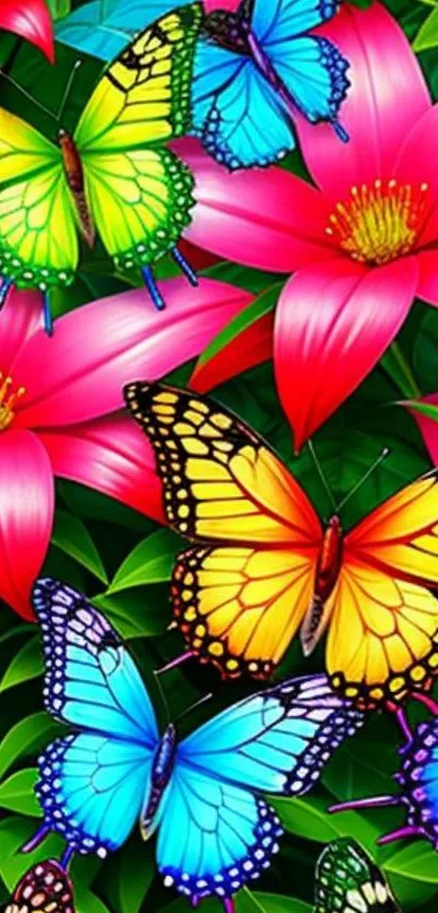 Vibrant mobile wallpaper of colorful butterflies and flowers in a garden setting.