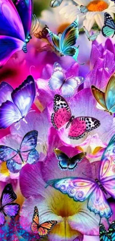 Vibrant butterflies and flowers wallpaper with vivid pink and purple hues.