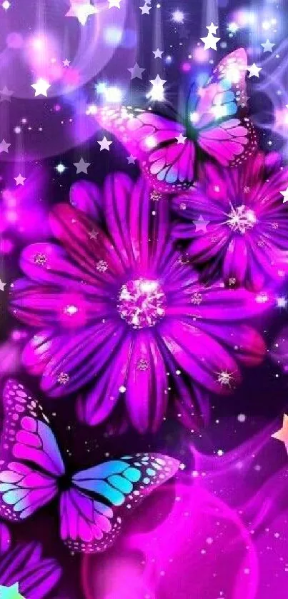 Vibrant purple flowers and butterflies mobile wallpaper.