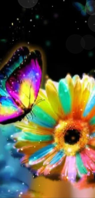 Colorful butterfly and flower under a starry sky on a mobile wallpaper.