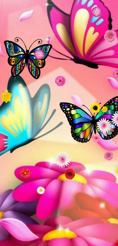 Vibrant butterflies and flowers wallpaper art.