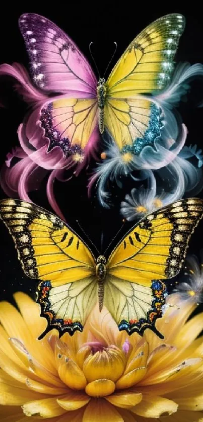 Vibrant butterflies fluttering over a radiant yellow flower on a dark background.