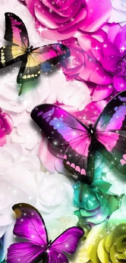 Colorful butterflies with vibrant flowers wallpaper.