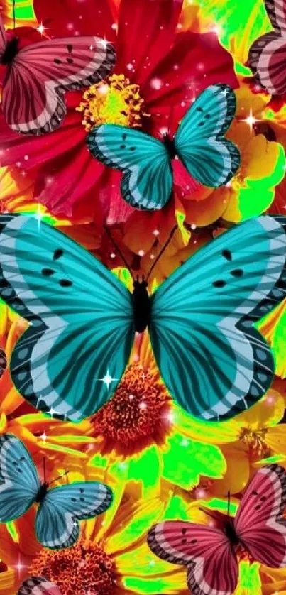 Colorful butterflies and flowers wallpaper with vibrant hues.