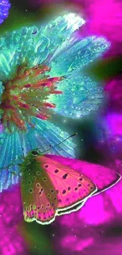 Vibrant butterfly on an electric flower in magenta hues.