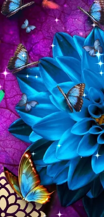 Vibrant blue flower with butterflies on a purple background.