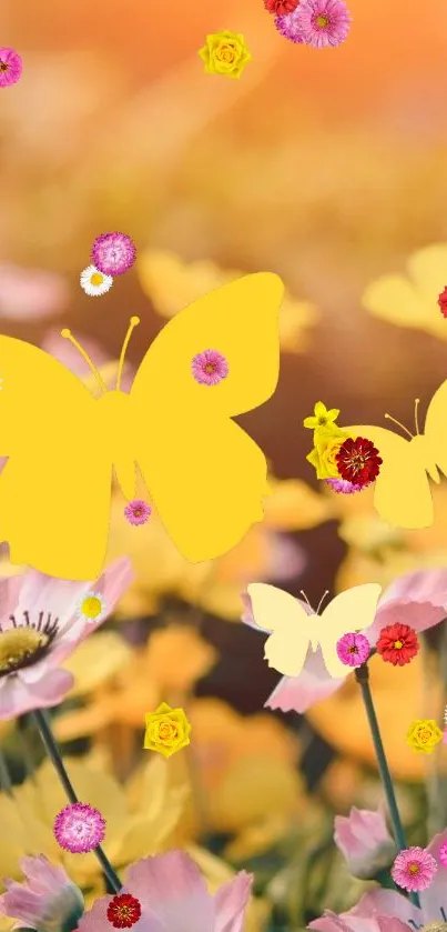 Yellow butterflies flutter among blooming flowers in vibrant hues.