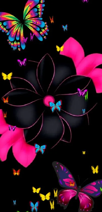 Colorful butterflies and floral design on a black background.