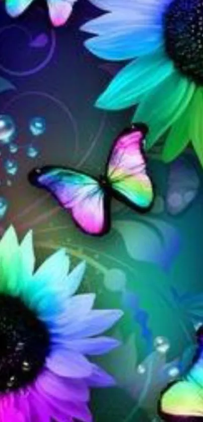 Vibrant wallpaper with butterflies and colorful flowers on a purple background.