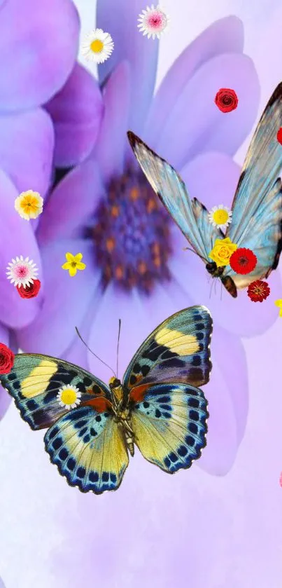 Colorful butterflies and flowers on a lavender background.