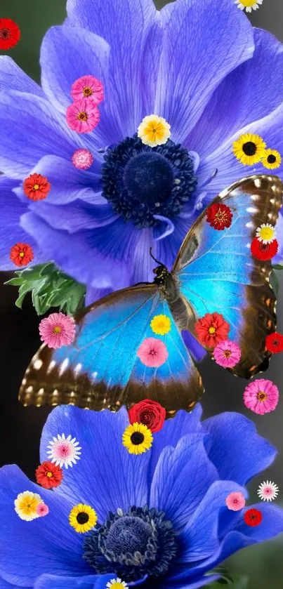 Blue butterfly with purple flowers and colorful petals as wallpaper.