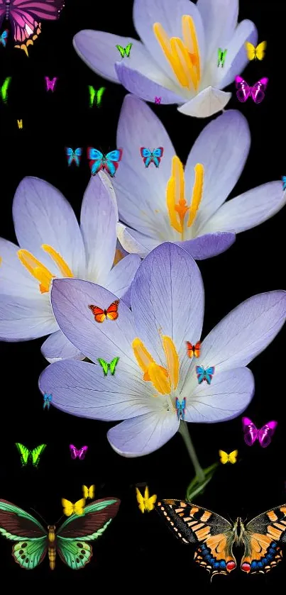 A vibrant mobile wallpaper with flowers and colorful butterflies.