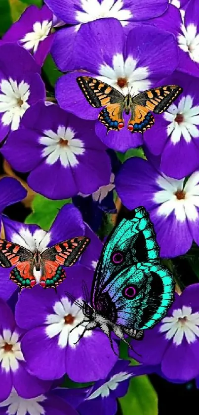 Colorful butterflies resting on vivid purple flowers in a vibrant mobile wallpaper.