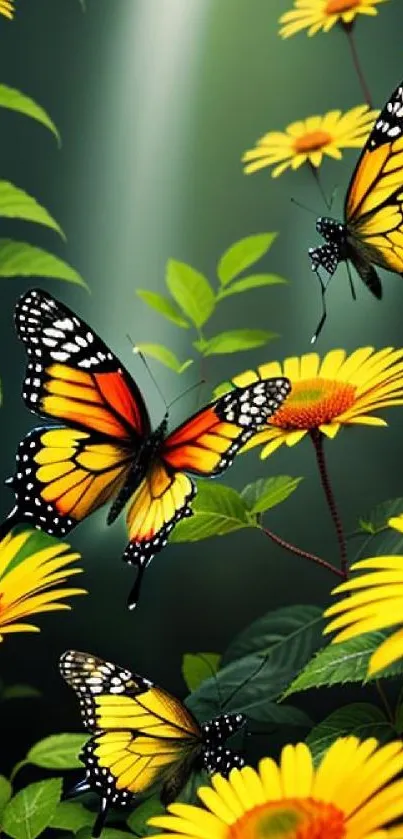 Colorful butterflies flutter above vibrant yellow flowers in a lush garden.