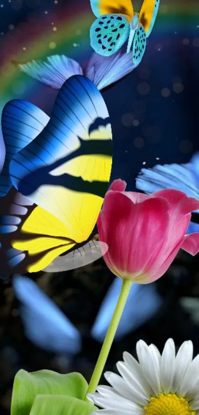 Vibrant wallpaper with butterflies, tulip, and daisy against dark background.