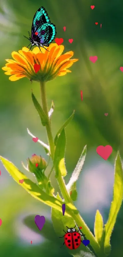 Butterfly and ladybug on yellow flower with green background and heart shapes.