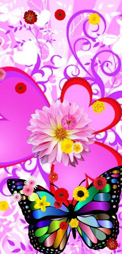 Colorful butterfly and flowers in vibrant pink floral wallpaper.