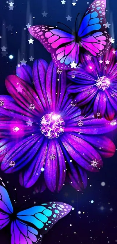 Vibrant purple butterfly and flower wallpaper with stars.