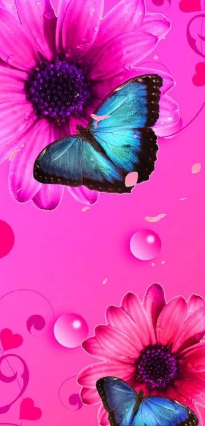 Vibrant pink wallpaper with flowers and butterflies.