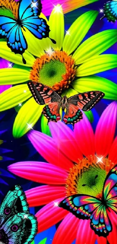Vibrant and colorful wallpaper featuring butterflies and bright flowers.