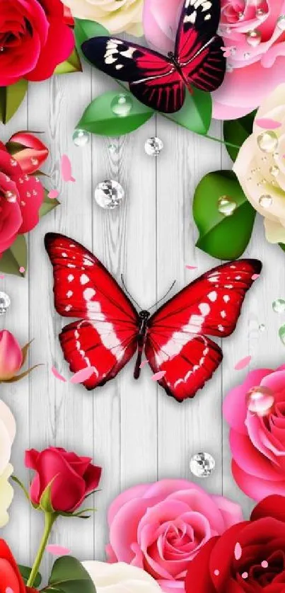 Vibrant red butterfly amidst colorful roses on wallpaper.