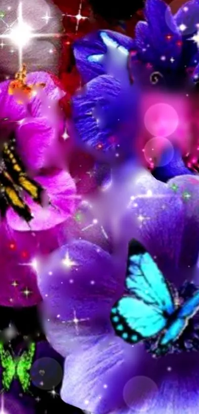 Colorful wallpaper with butterflies and purple flowers.