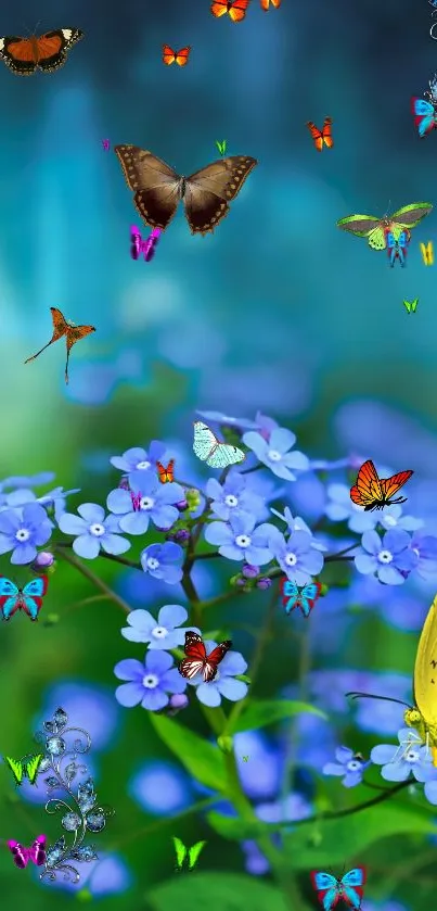 Colorful butterflies on blue flowers mobile wallpaper.