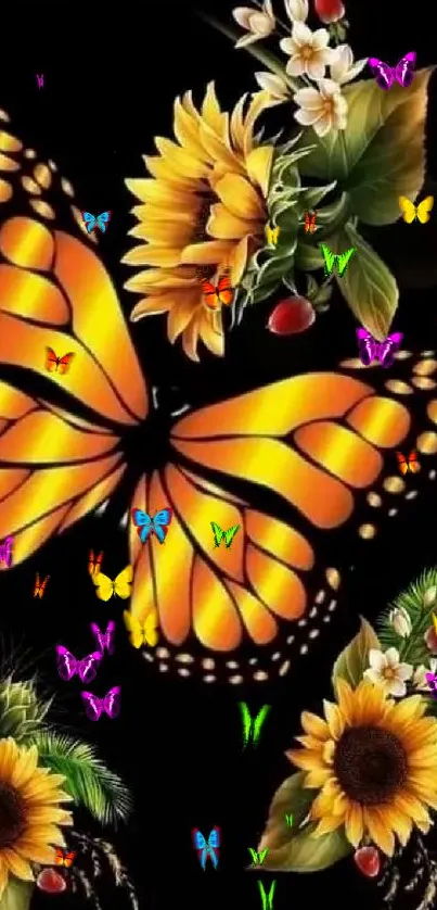 Orange butterfly with sunflowers on black background mobile wallpaper.